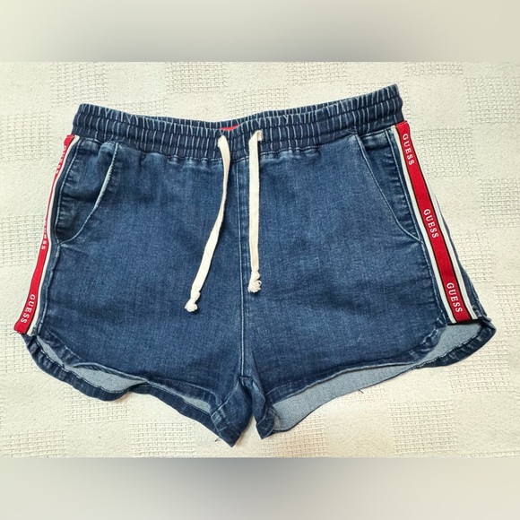 GUESS Denim Shorts with Red Label and White Drawstrings - Picture 1 of 9